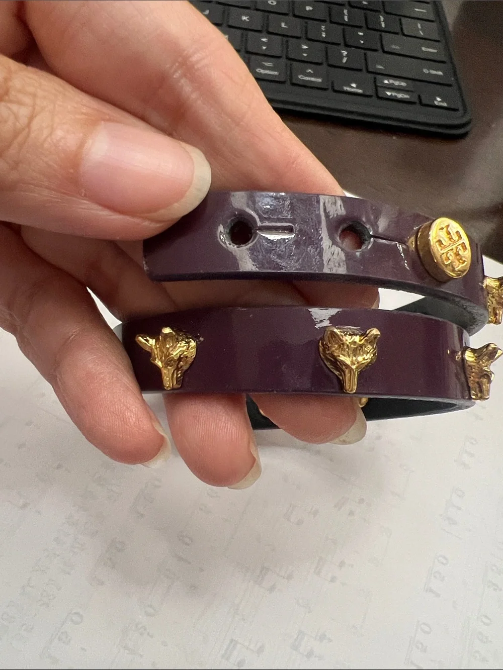 Tory Burch Leather Plum Patent Double-Wrap Bracelet with Gold Fox Studs